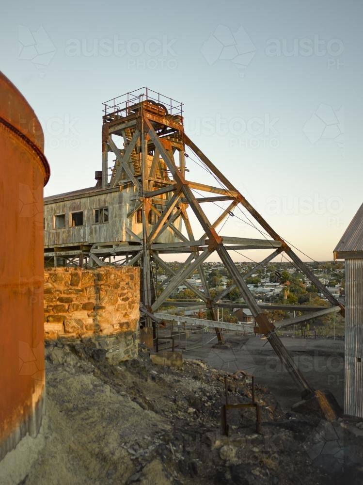 Poppet head at an old mine site at dawn - Australian Stock Image