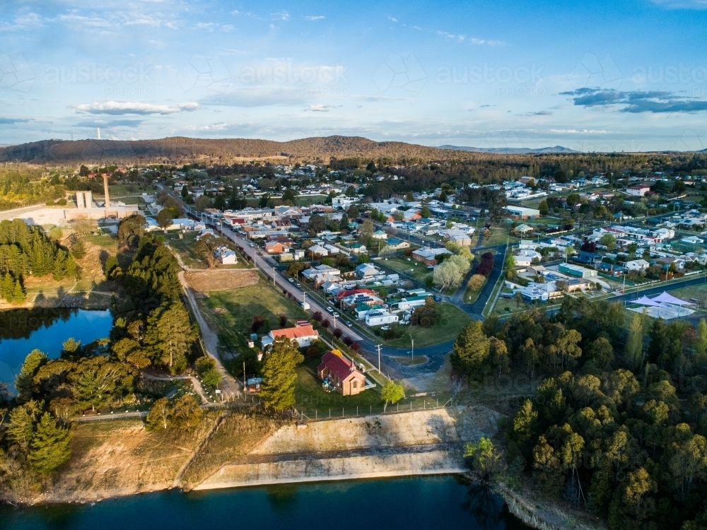 Portland and mill pond with cement works and church beside town  - Australian Stock Image