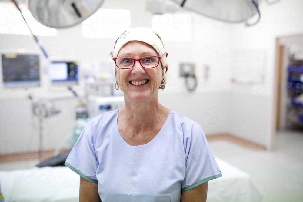 Portrait of a theatre nurse in a hospital operating theatre - Australian Stock Image