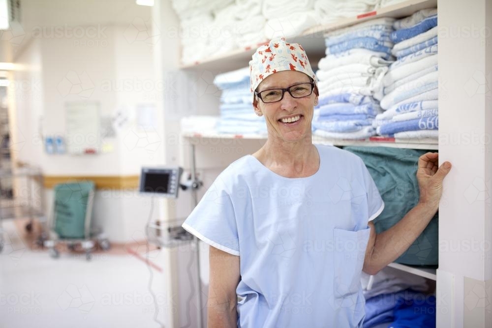 Portrait of a theatre nurse in a hospital operating theatre - Australian Stock Image
