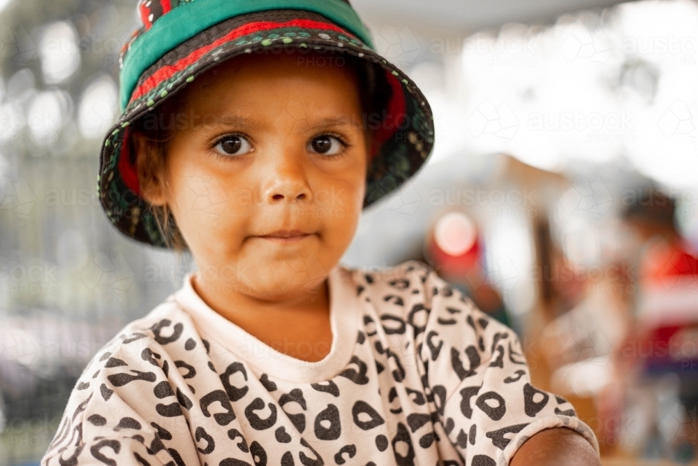 Portrait of a young Aboriginal girl at preschool - Australian Stock Image