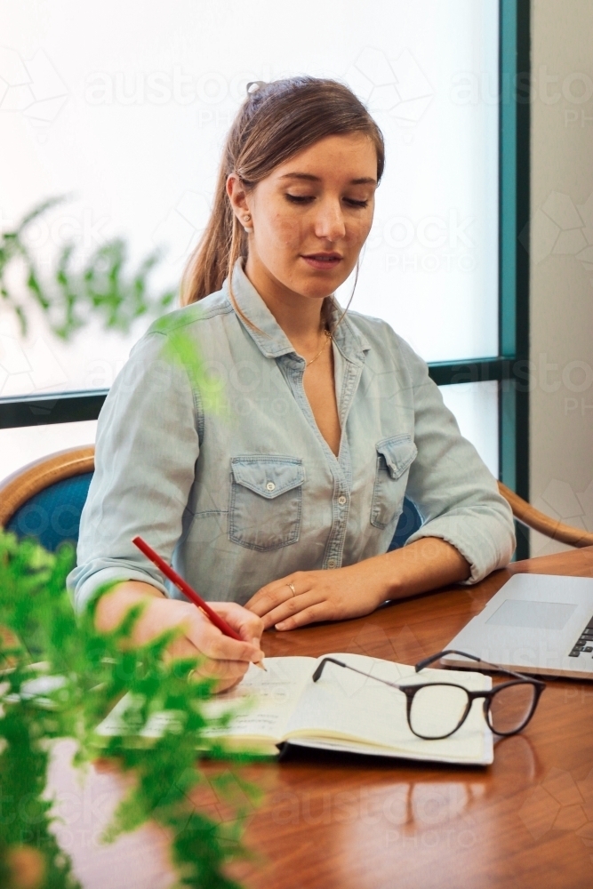 Portrait of an office worker sitting with laptop and note book at a meeting table - Australian Stock Image