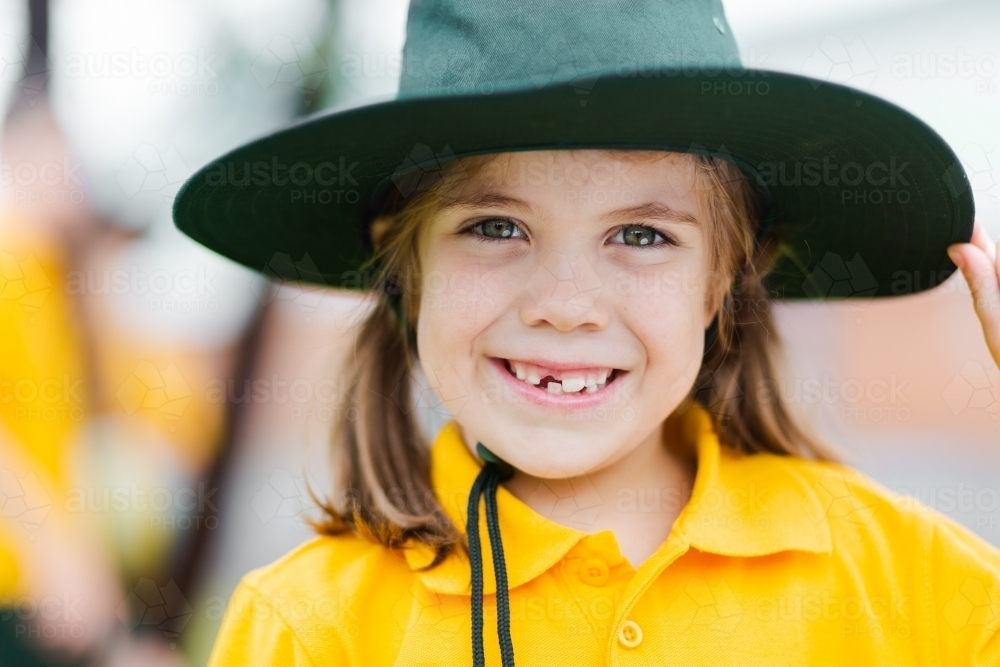 Portrait of Aussie child at public school with sun hat on - Australian Stock Image