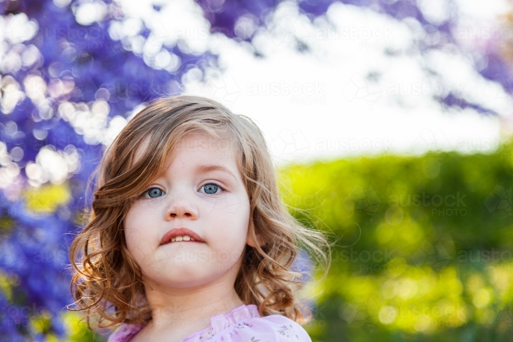 portrait of blue eyed little girl outside in spring - Australian Stock Image