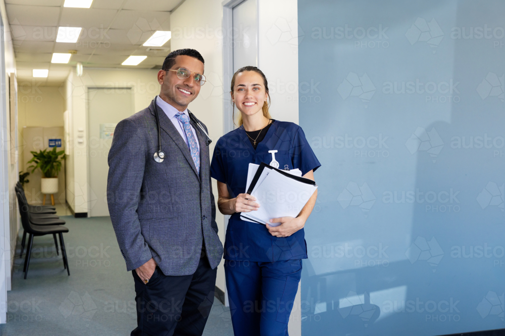 Portrait of doctor and nurse smiling - Australian Stock Image