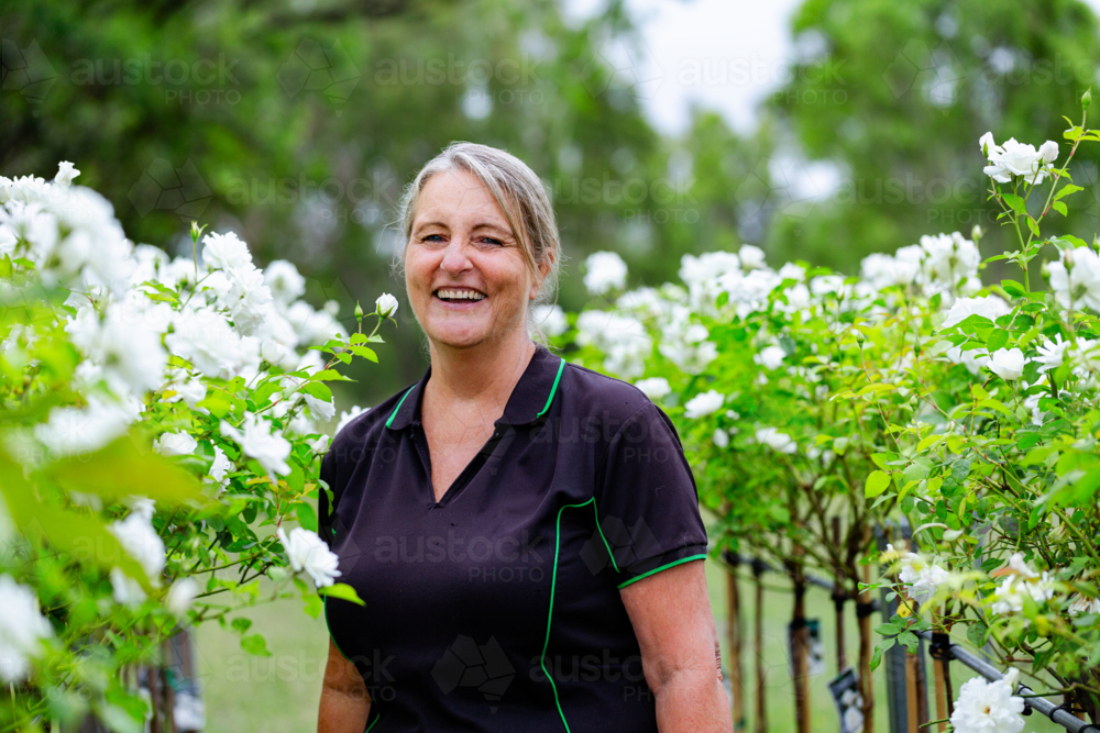 Portrait of female horticulturalist standing smiling amongst white roses in nursery garden - Australian Stock Image