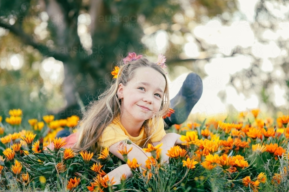 Portrait of girl lying in field with vibrant orange and yellow gazania wildflowers - Australian Stock Image
