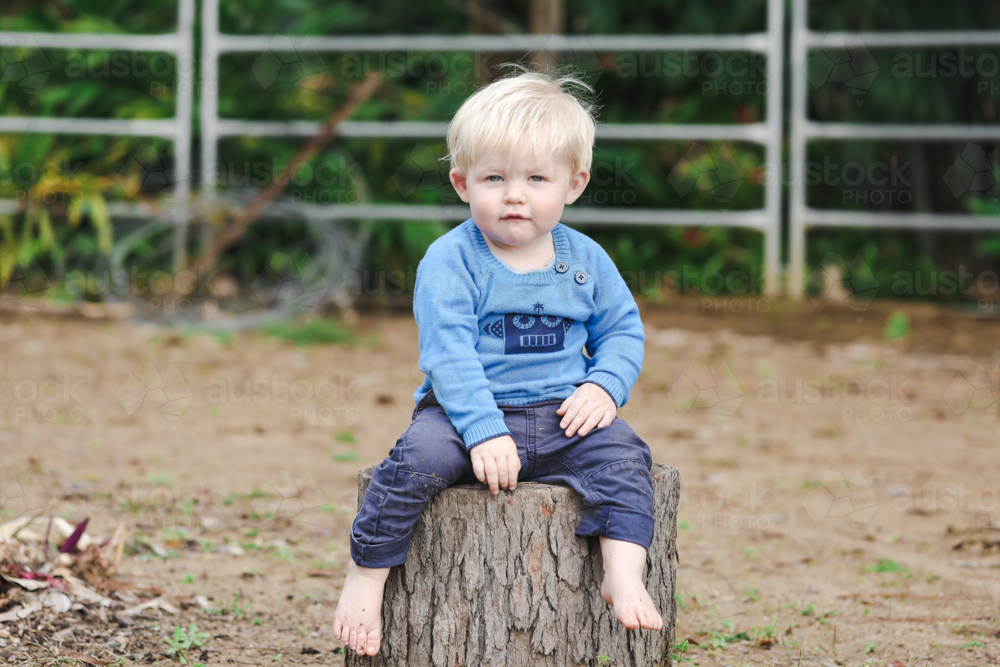 Portrait of little toddler boy sitting in garden with relaxed expression - Australian Stock Image