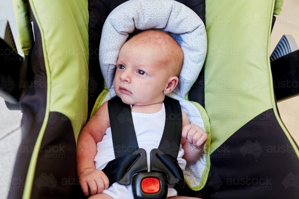 Portrait of newborn in baby capsule - Australian Stock Image