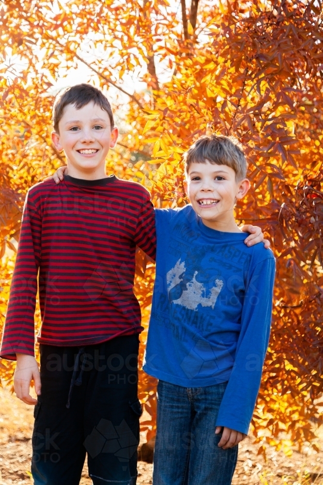 Portrait of young brothers laughing together in autumn - Australian Stock Image