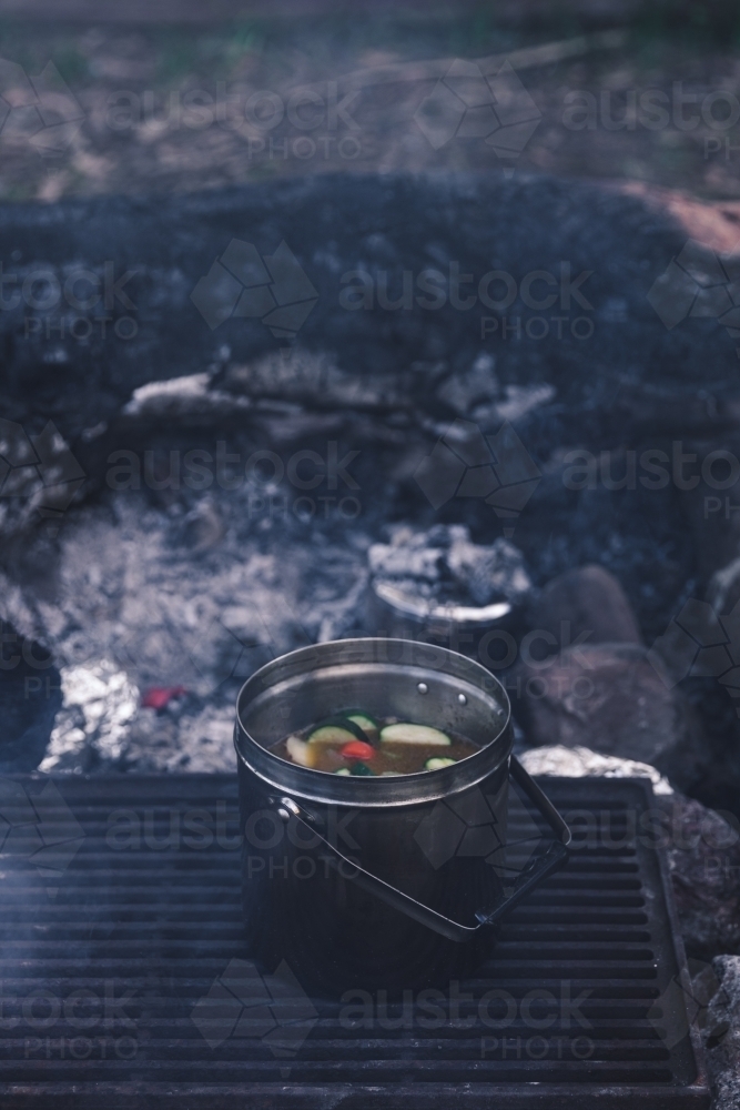Pot of vegetable soup cooking on grill on campfire coals - Australian Stock Image