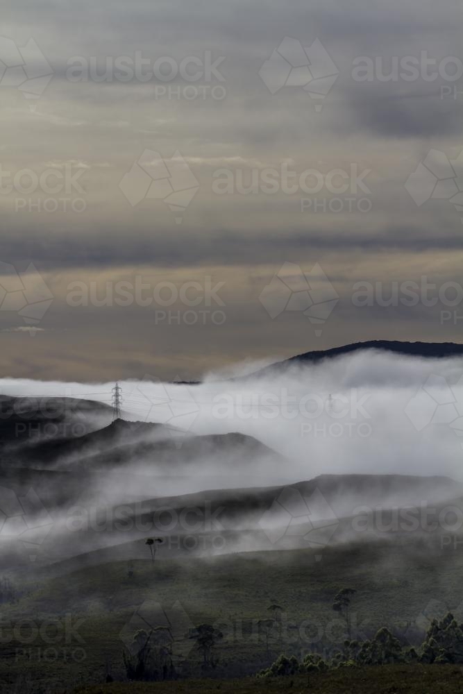 Power lines in the Mist - Australian Stock Image