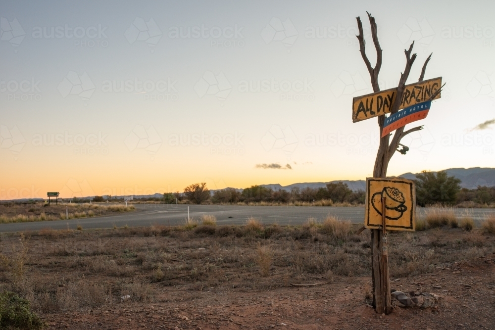 Prairie Hotel sign beside road, Parachilna, Flinders Ranges, SA - Australian Stock Image