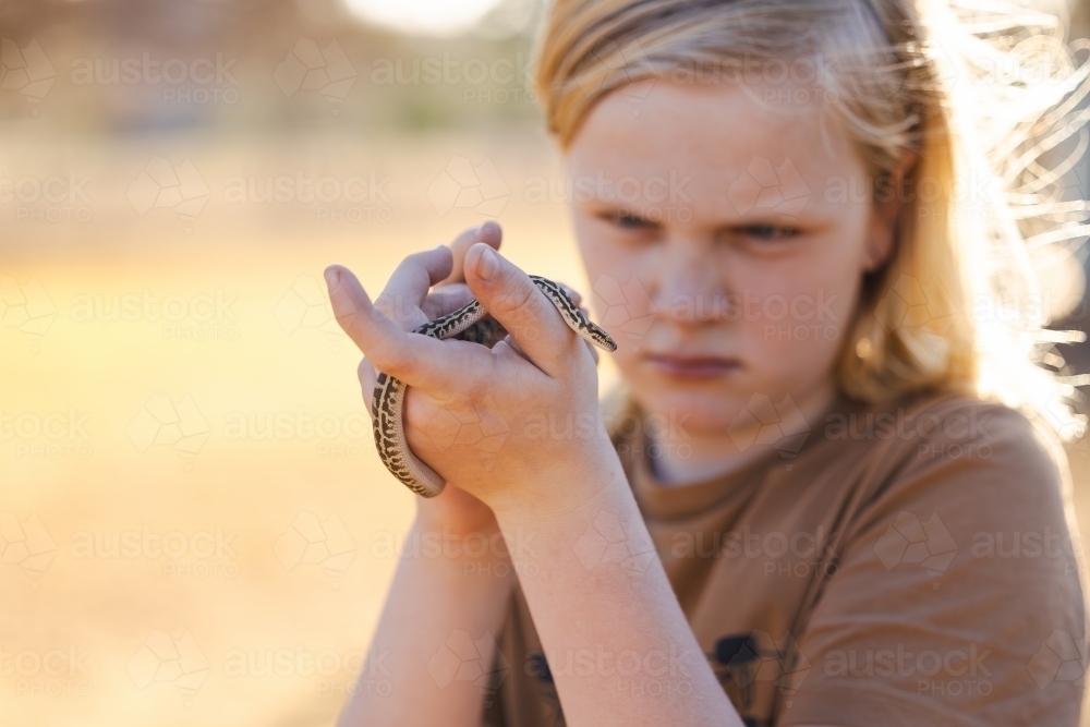 Pre-teen adolescent boy holding pet children's python snake - Australian Stock Image