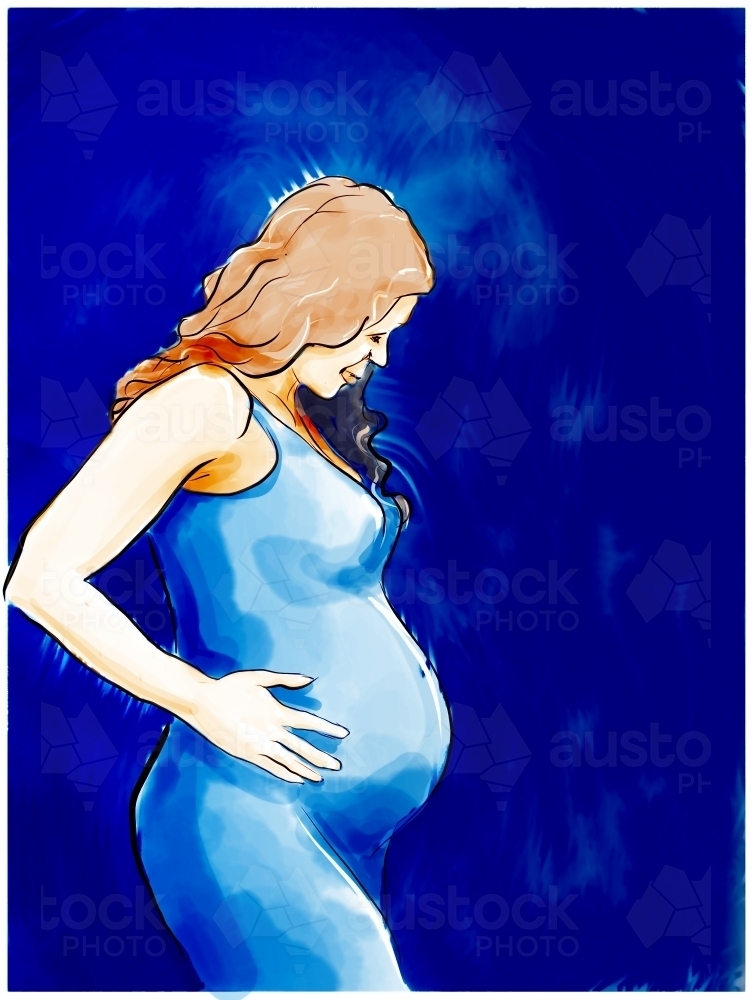 pregnant woman in profile with tight dress on blue background - Australian Stock Image