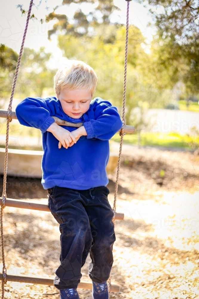 Preschool age child posing on rope ladder swing for kindergarten photos. Portrait of young boy. - Australian Stock Image