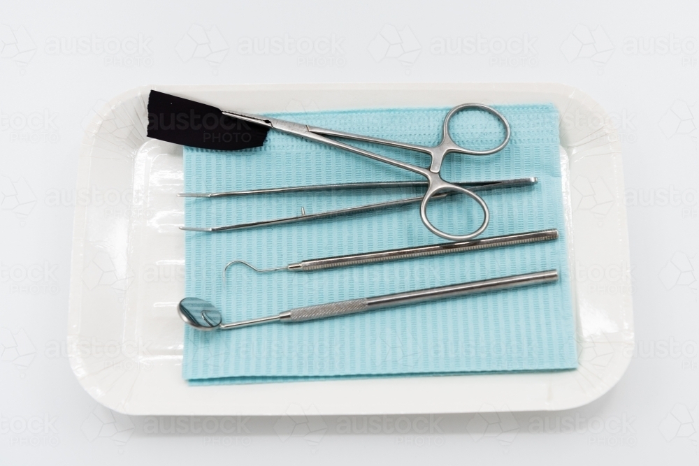 Professional dental instruments on white background - Australian Stock Image