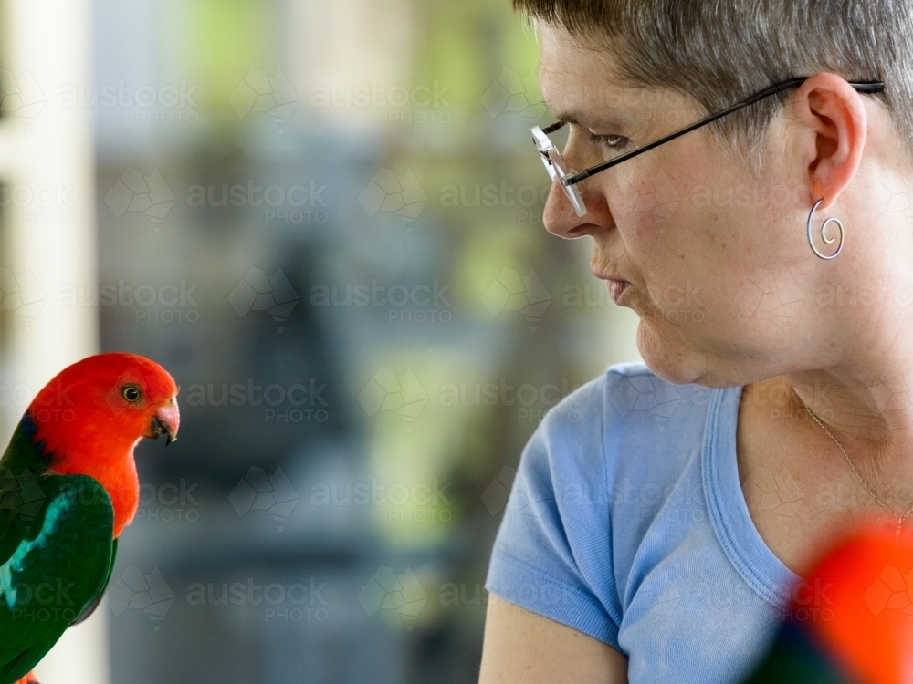 Profile of a woman interacting with a King Parrot with blurred background - Australian Stock Image