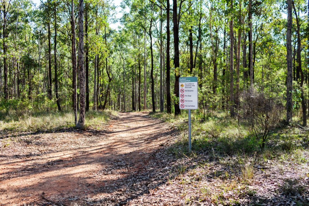 Prohibition sign in Belford National Park no bicycles, no dogs, no horses, no trail bikes - Australian Stock Image