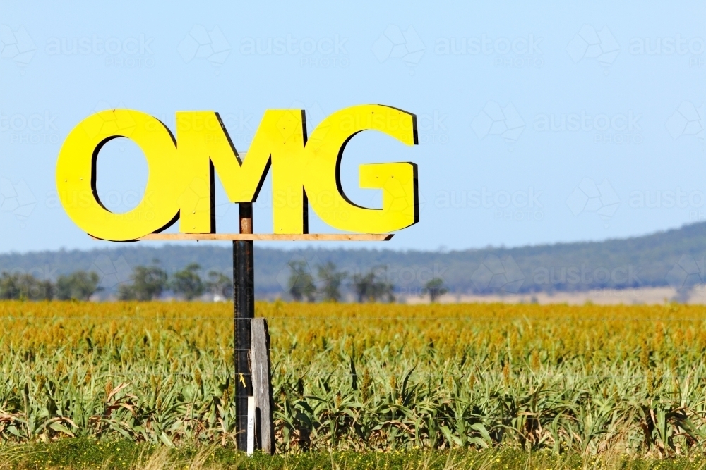 Protest sign in farm paddock - OMG - Australian Stock Image