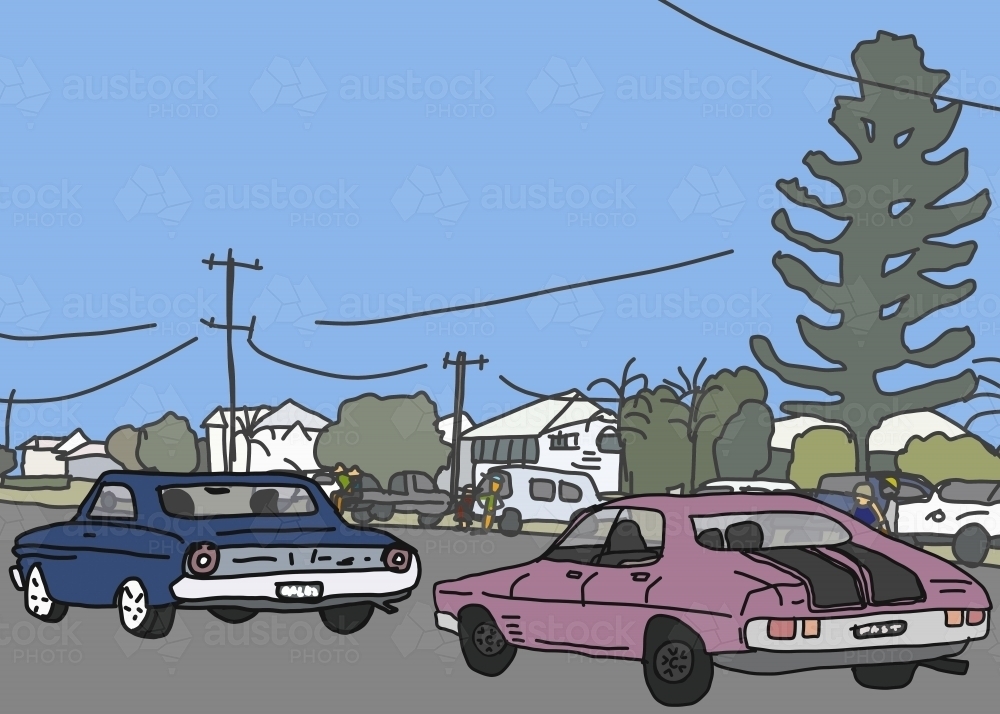 Purple and blue sedan in streetcar parade in regional town - Australian Stock Image