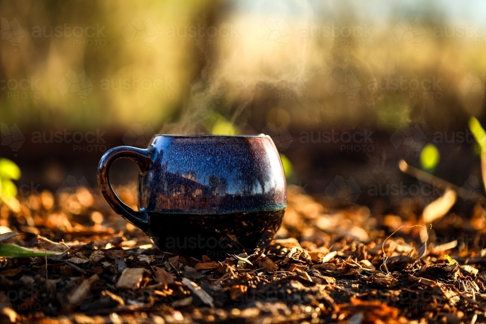 Purple ceramic mug in vegetable garden on cold winter morning with steam rising - Australian Stock Image