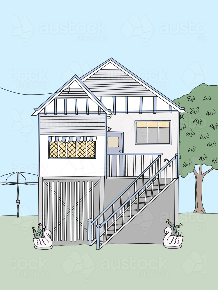 Queenslander high set cottage with steps, pot plants, hills hoist, tree, lawn and blue sky - Australian Stock Image