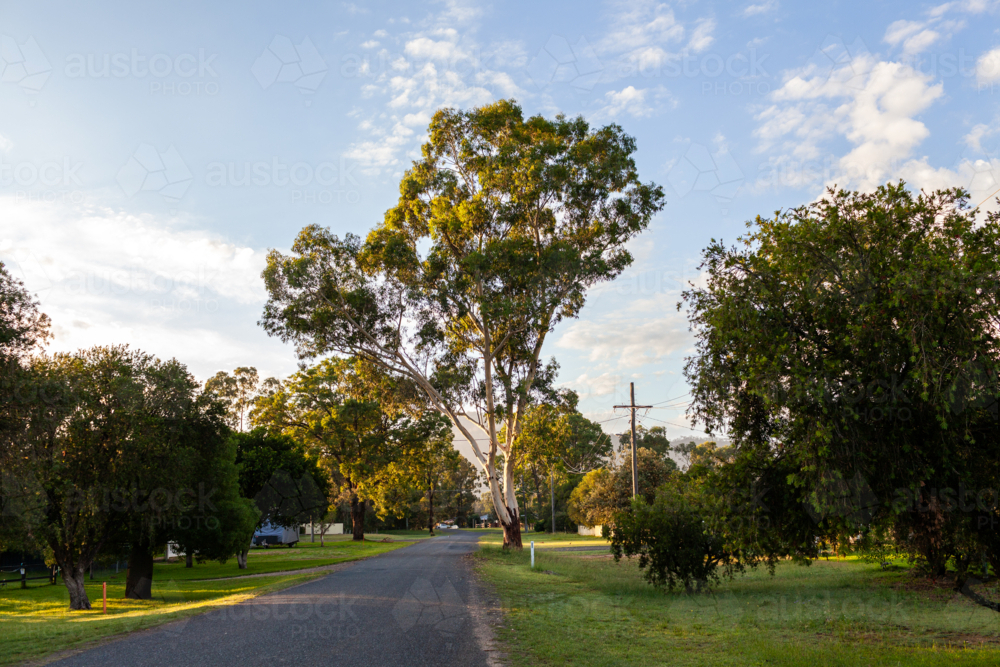 Quiet unmarked country street in little village of Broke early one summer morning - Australian Stock Image
