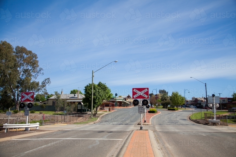 Rail Way Crossing sign and lights in Coolamon - Australian Stock Image