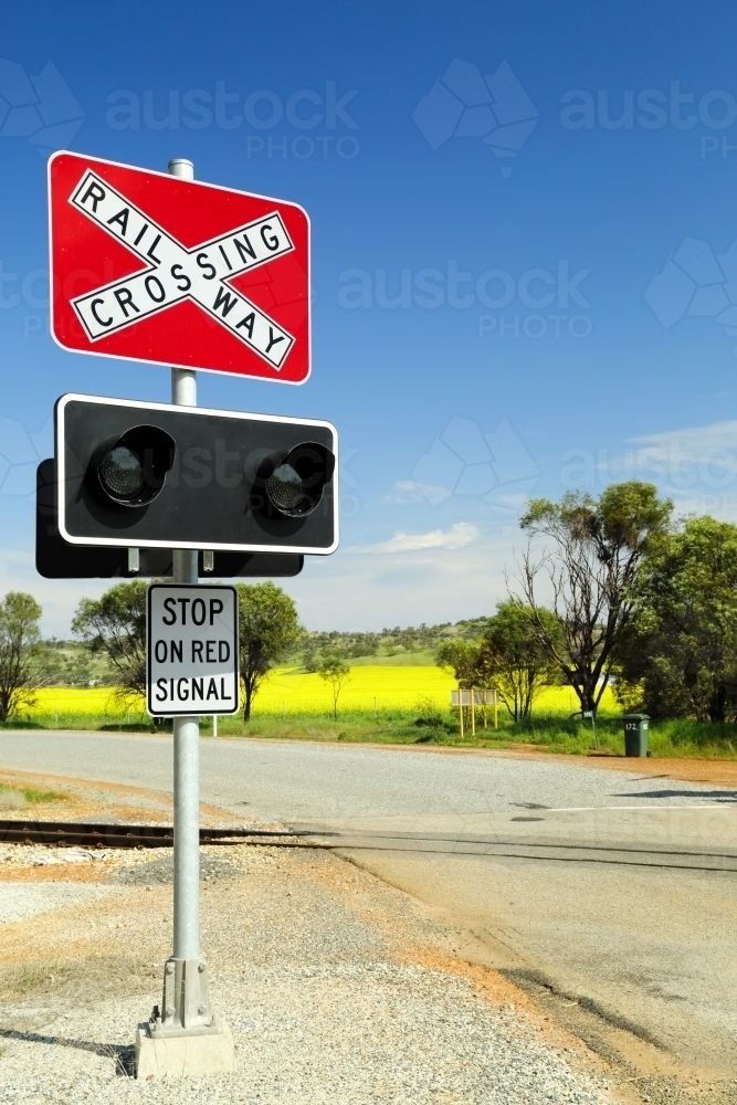 Railway crossing warning sign. - Australian Stock Image
