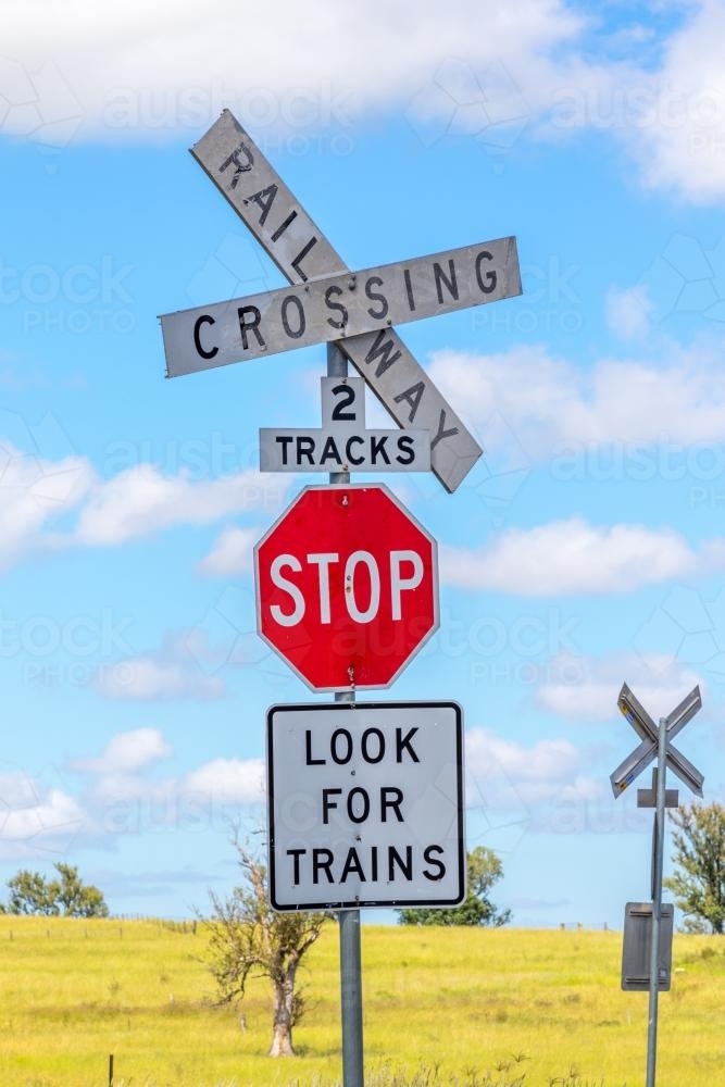 Railway train crossing stop sign - Australian Stock Image
