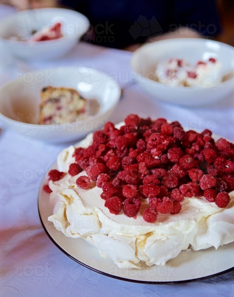 Raspberry pavlova on a plate - Australian Stock Image