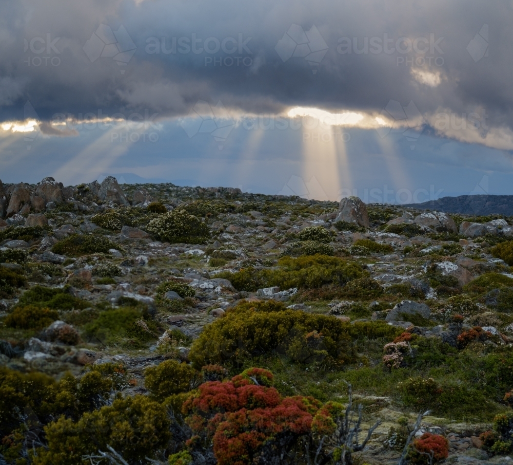 Rays Breaking through Clouds on Mount Wellington - Australian Stock Image