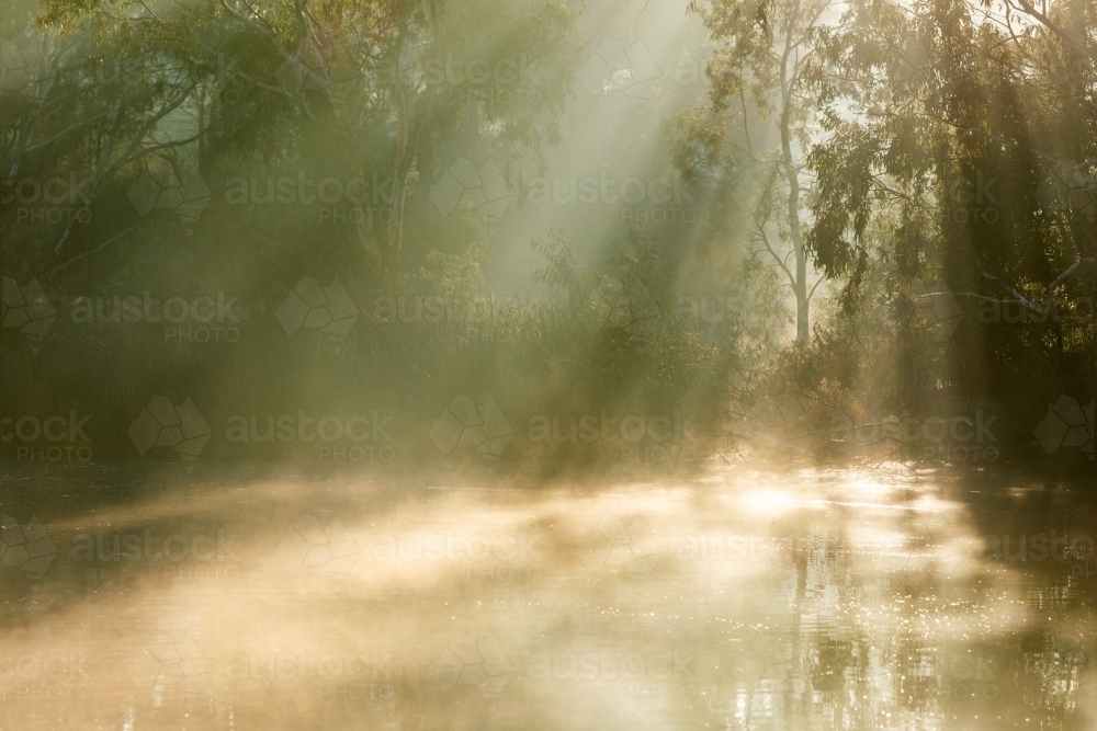 rays of light hitting mist rising from water - Australian Stock Image