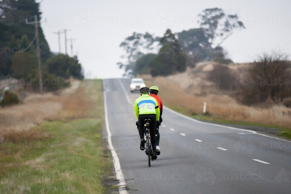 Image of Rear view of cyclists riding in single file on a country road ...