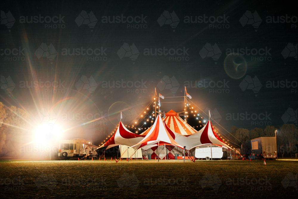 Image of Red and white big top circus tent visiting small town in rural ...