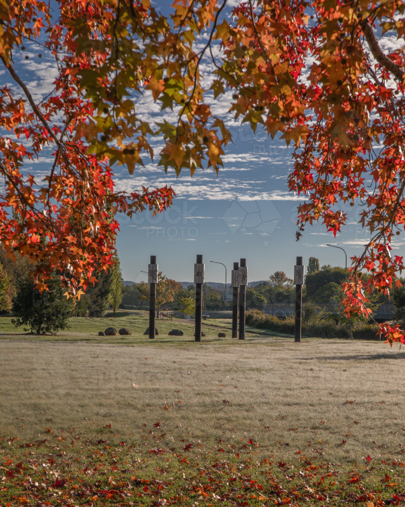 Red autumn leaves framing a country scene under blue skies, a park and an art sculpture - Australian Stock Image