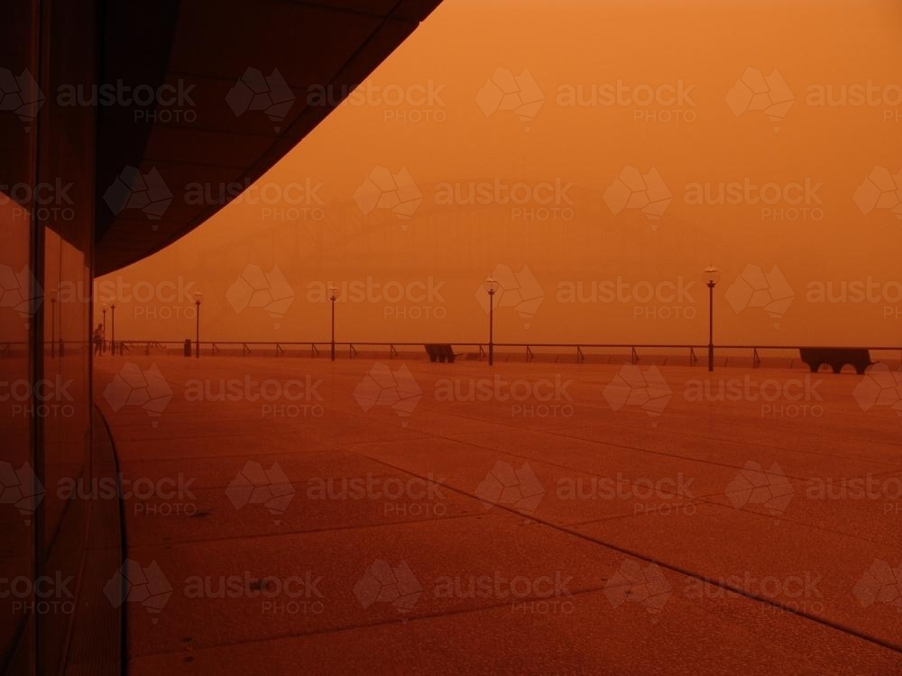 Red dust storm in Sydney looking towards the Harbour Bridge - Australian Stock Image