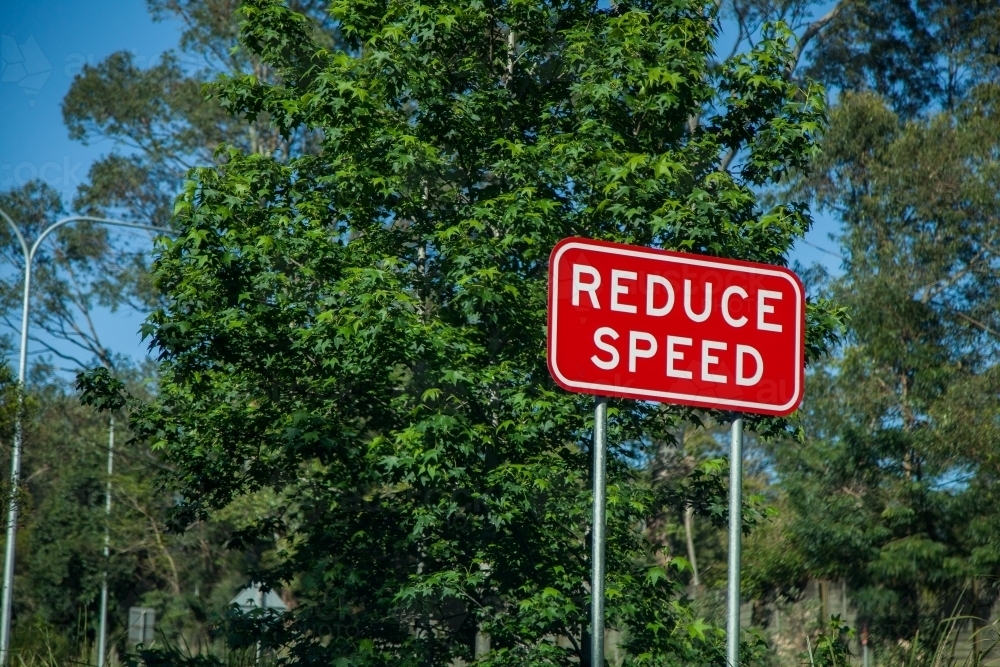 Red reduce speed sign with tree in background - Australian Stock Image