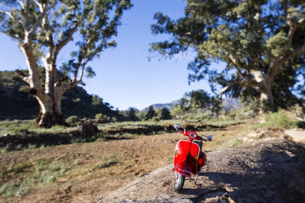 Red scooter in front of gum trees and ranges - Australian Stock Image