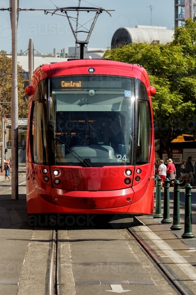 Red Sydney light rail tram on tracks in city street - Australian Stock Image