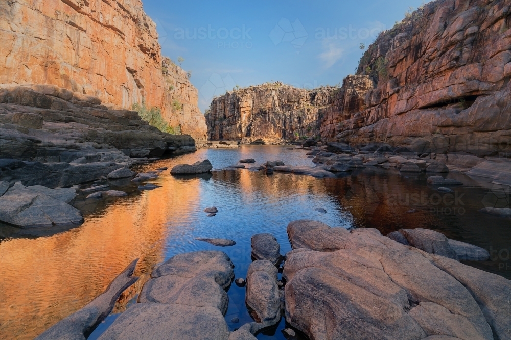 Reflections of Nitmiluk National Park, Katherine Gorge river - Australian Stock Image
