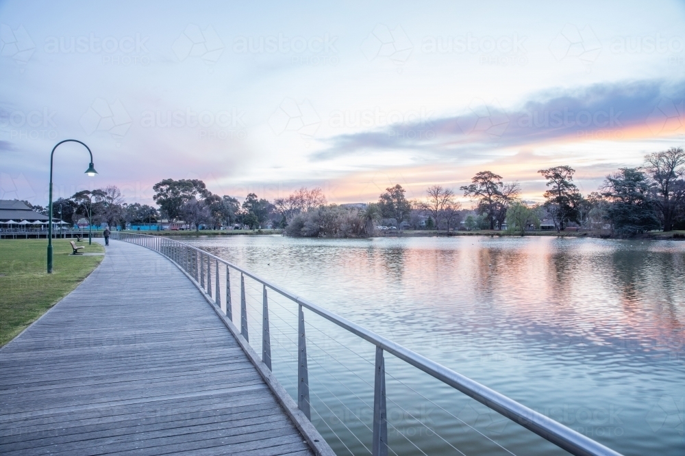 Reflections on Lake Weeroona boardwalk at dusk - Australian Stock Image