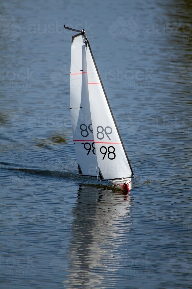 Remote controlled yacht sailing on a suburban lake. - Australian Stock Image