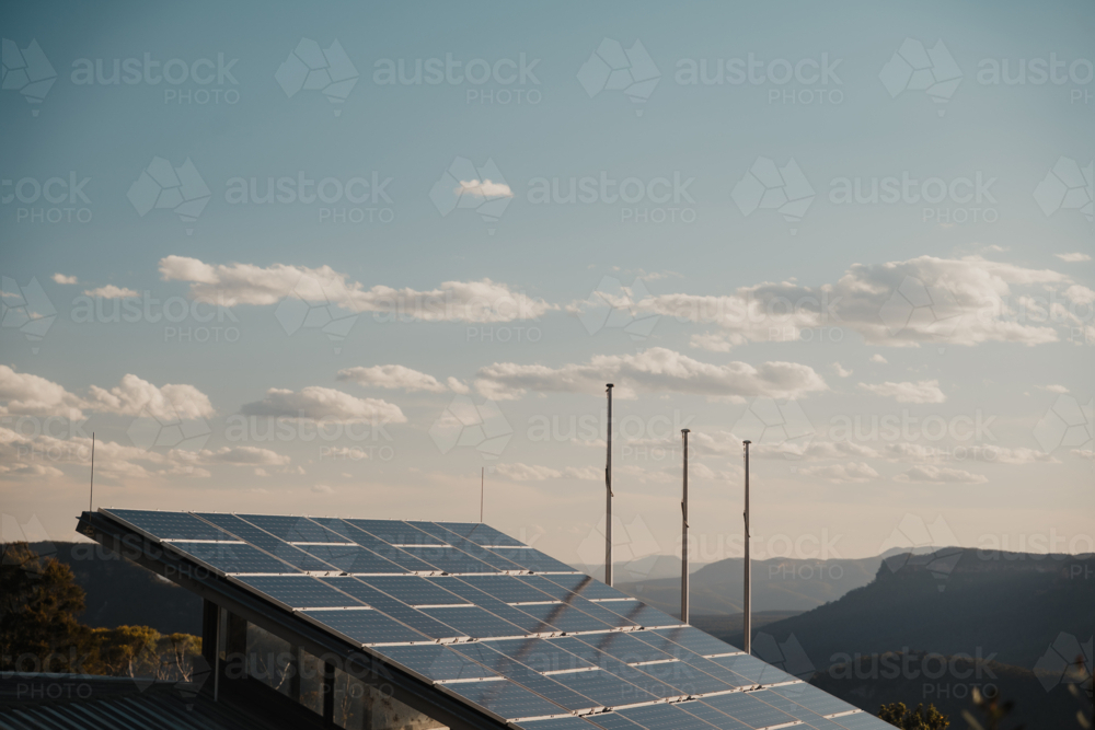 Renewable energy solar panels overlooking the Blue Mountains National Park - Australian Stock Image
