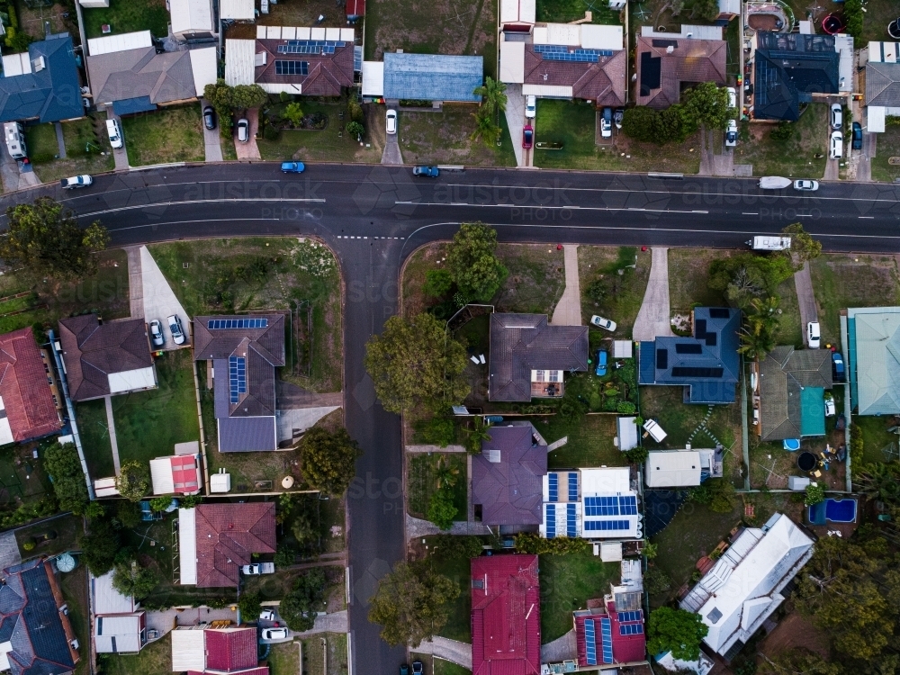 Residential housing area with t intersection from overhead aerial view - Australian Stock Image