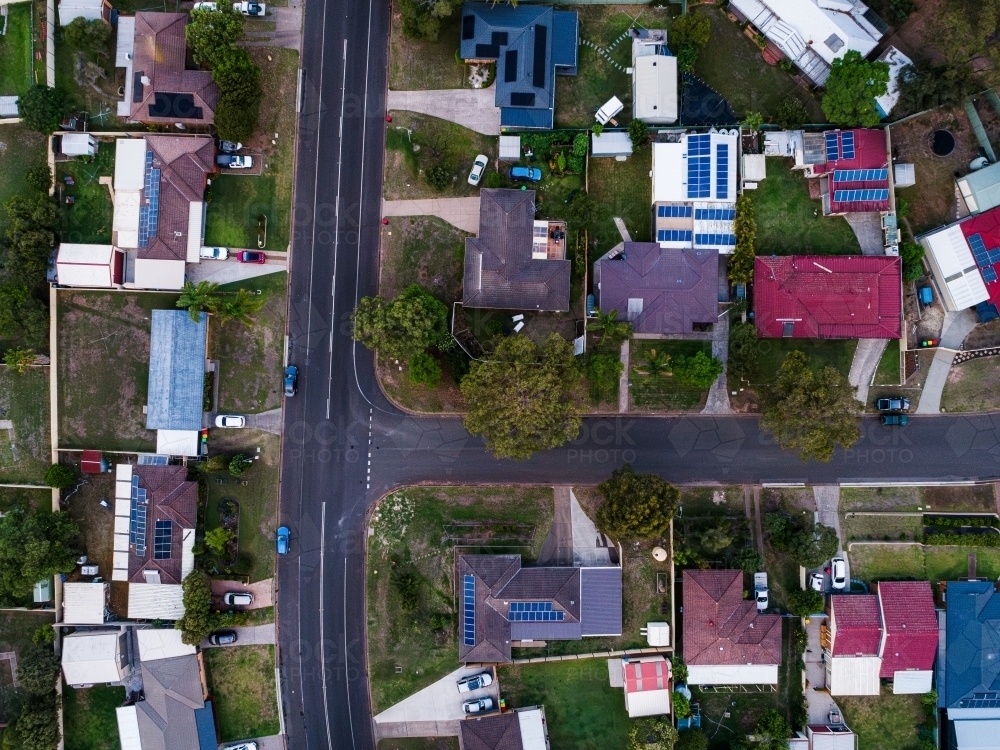 Residential housing area with t intersection from overhead aerial view - Australian Stock Image