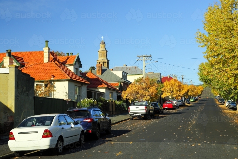 Residential street in Battery Point, Hobart. - Australian Stock Image