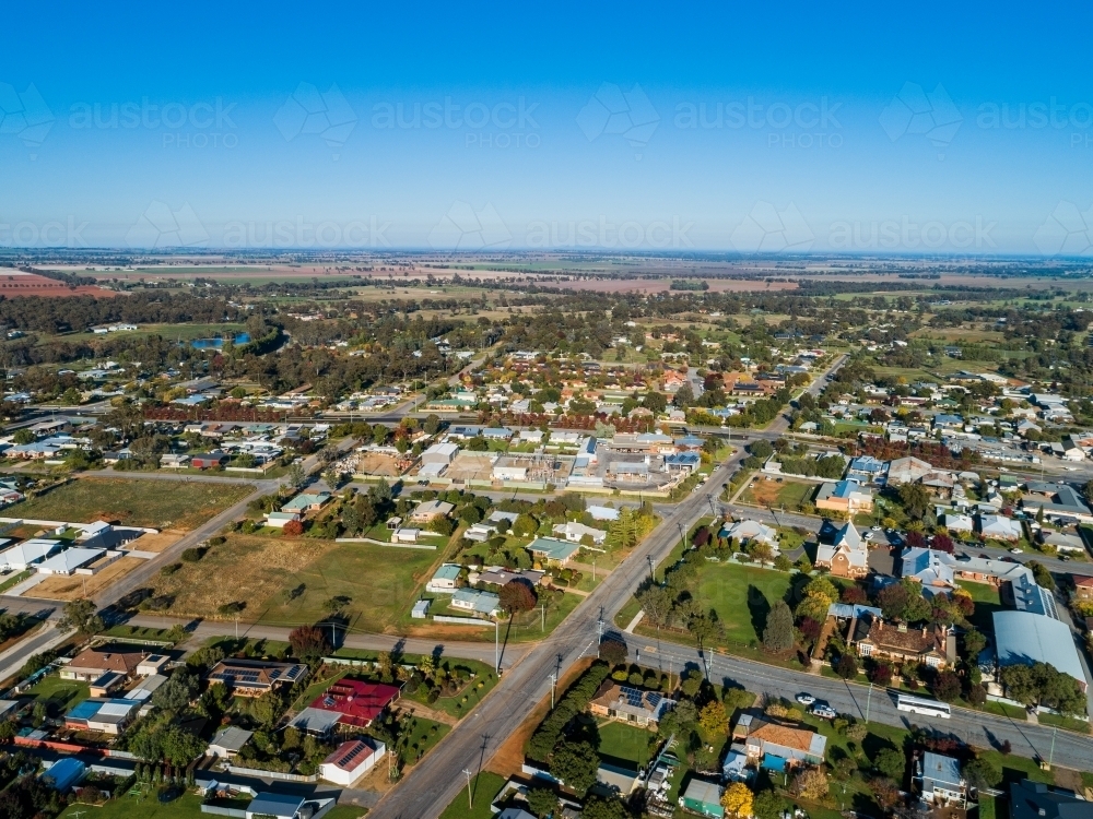 Empty Rural Downtown Image of Residential townscape of country town in morning light with ...