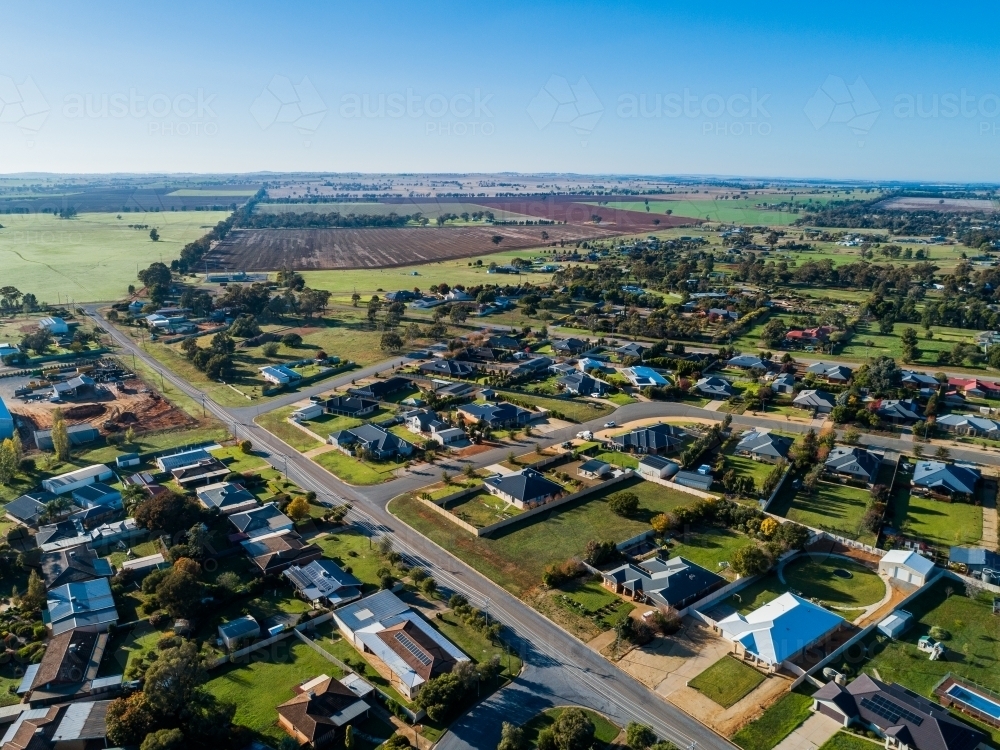 Empty Rural Downtown Image of Residential townscape of country town in morning light with ...